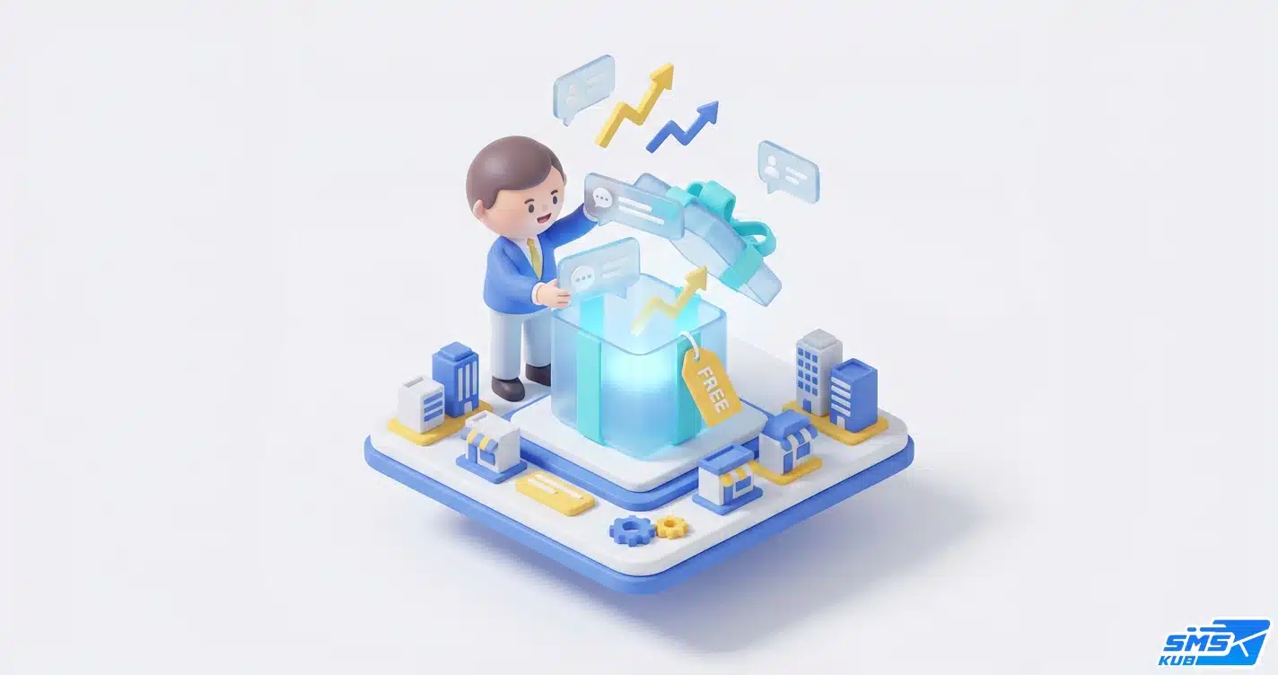 ตัวการ์ตูนนักธุรกิจเปิดกล่องของขวัญที่มีป้าย FREE และไอคอนข้อความพุ่งออกมา สื่อถึงบริการทดลองใช้ SMS ฟรี สำหรับร้านค้าและองค์กร