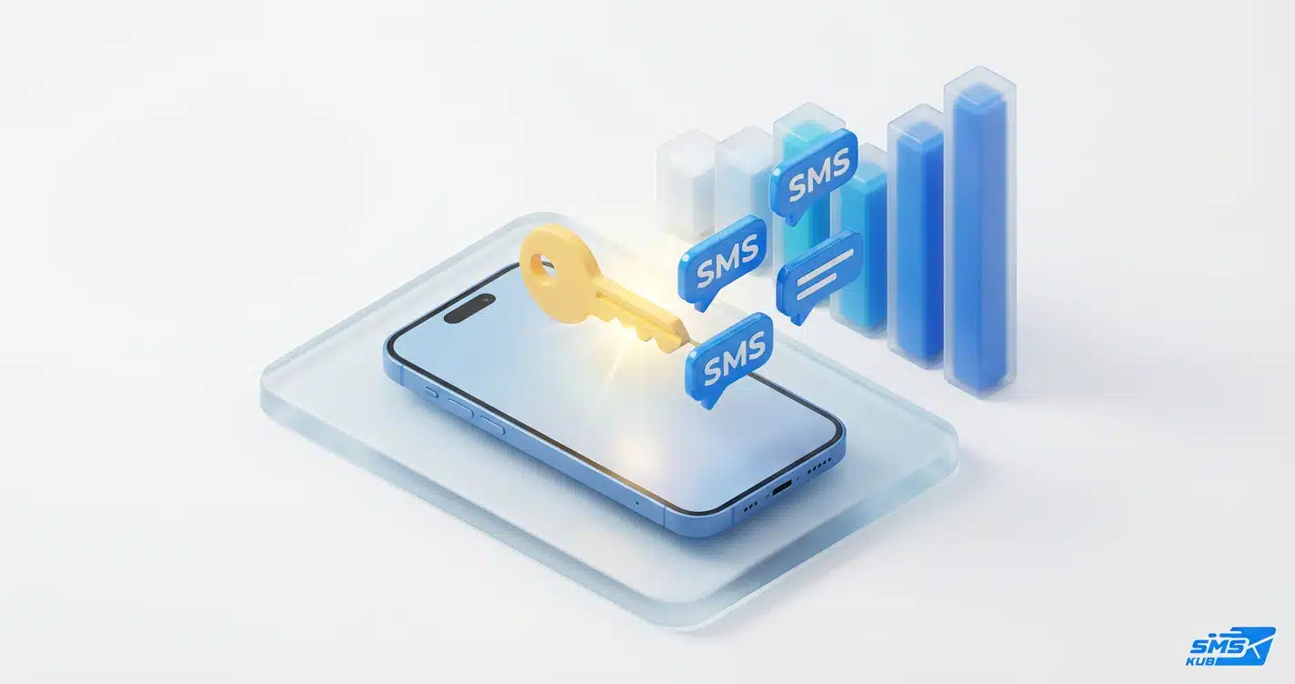 สมาร์ทโฟนที่มีกุญแจสีทองเปล่งแสงและไอคอน SMS ลอยอยู่ พร้อมกราฟแท่งแสดงยอดขายพุ่งขึ้น สื่อถึง Bulk SMS เป็นกุญแจสู่ความสำเร็จทางธุรกิจ