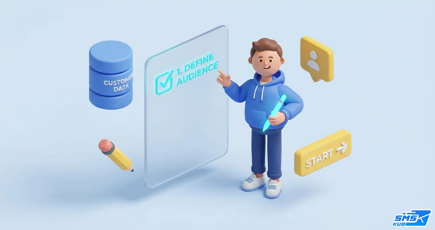 ตัวละครนักการตลาดกำลังวางแผนเริ่มต้นทำ SMS Marketing บนกระดานใส โดยเน้นขั้นตอน Define Audience และการจัดการ Customer Data