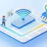 สมาร์ทโฟนกระจายสัญญาณระบุพิกัดบนแผนที่เมือง นำทางลูกค้าเดินไปที่ร้านค้าที่มีหมุดปักตำแหน่งสีเหลือง สื่อถึงระบบ LBS SMS เจาะจงพื้นที่