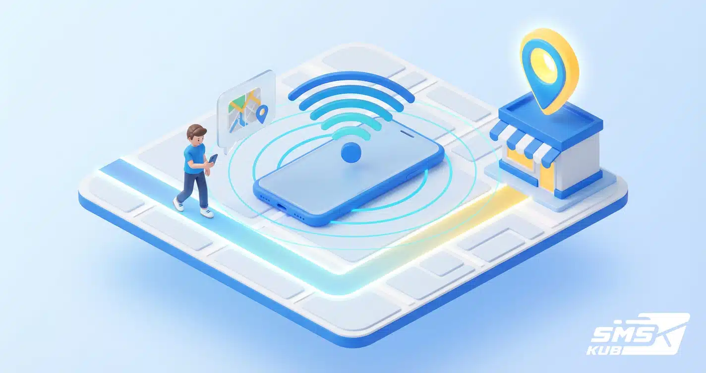 สมาร์ทโฟนกระจายสัญญาณระบุพิกัดบนแผนที่เมือง นำทางลูกค้าเดินไปที่ร้านค้าที่มีหมุดปักตำแหน่งสีเหลือง สื่อถึงระบบ LBS SMS เจาะจงพื้นที่