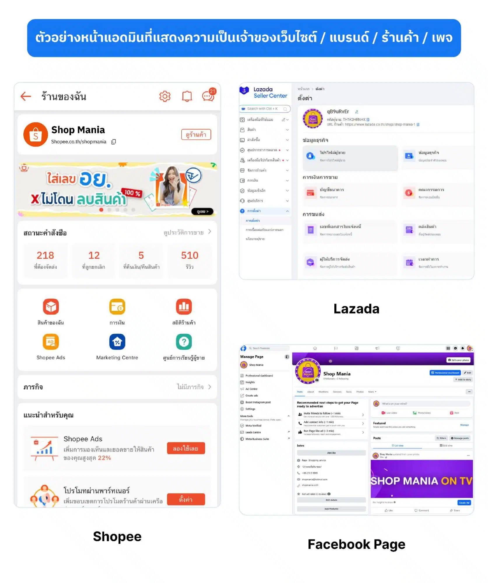 ตัวอย่างหน้าแอดมินยืนยันความเป็นเจ้าของธุรกิจ บน Shopee, Lazada และ Facebook Page เพื่อใช้ประกอบการขอชื่อผู้ส่ง SMS