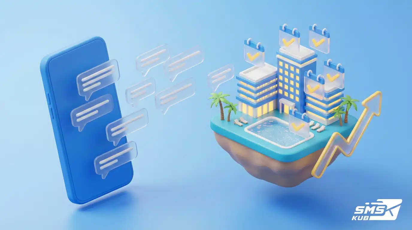 สมาร์ทโฟนส่ง SMS ไปยังโมเดลโรงแรมและสระว่ายน้ำที่มีไอคอนปฏิทินยืนยันการจอง พร้อมกราฟลูกศรแสดงยอดขายธุรกิจท่องเที่ยวที่พุ่งขึ้น