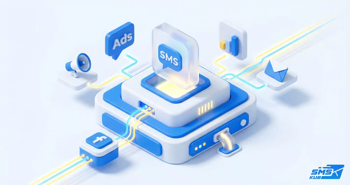 ชิปประมวลผลกลางมีไอคอน SMS เชื่อมต่อสายสัญญาณไปยัง Facebook, Email, Ads และกราฟวิเคราะห์ผล สื่อถึงระบบการตลาด Omnichannel ที่ไร้รอยต่อ