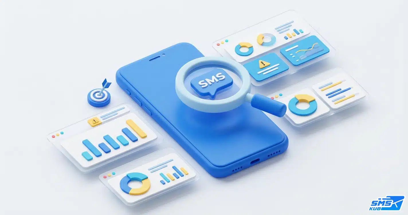 แว่นขยายส่องไอคอน SMS บนสมาร์ทโฟน รายล้อมด้วยกราฟและแดชบอร์ดรายงานผล สื่อถึงการวัดผล SMS Marketing และวิเคราะห์ข้อมูลเชิงลึก