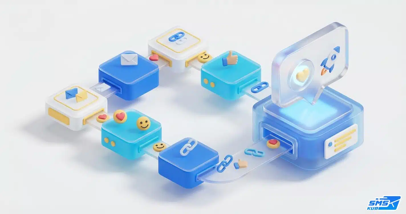 กราฟิก 3D แสดงกระบวนการสร้างข้อความ SMS ที่น่าสนใจ เชื่อมโยงไอคอนซองจดหมาย ลิงก์ และอีโมจิ สู่ผลลัพธ์ทางการตลาดด้วยสัญลักษณ์จรวด
