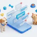 สุนัขและแมว 3D นั่งคู่สมาร์ทโฟนที่มีไอคอน SMS แจ้งเตือนนัดหมายจำนวนมาก ลอยคู่กับสัญลักษณ์การแพทย์และของเล่นสัตว์เลี้ยง