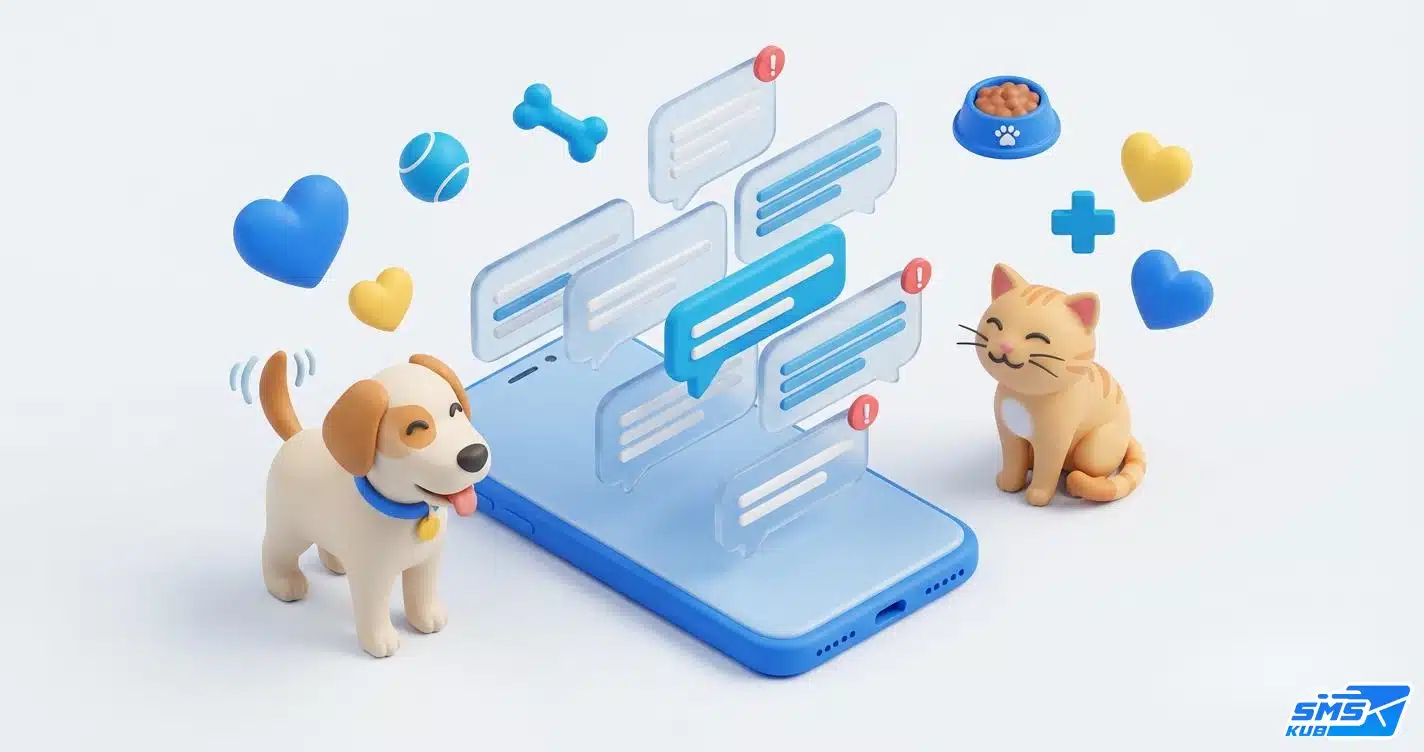 สุนัขและแมว 3D นั่งคู่สมาร์ทโฟนที่มีไอคอน SMS แจ้งเตือนนัดหมายจำนวนมาก ลอยคู่กับสัญลักษณ์การแพทย์และของเล่นสัตว์เลี้ยง