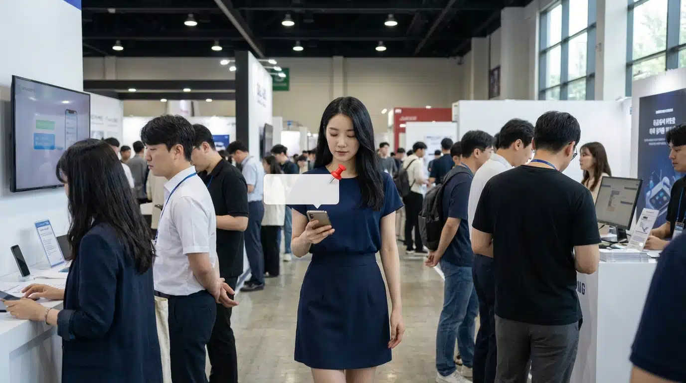 หญิงสาวนักธุรกิจอ่านข้อความ LBS SMS บนสมาร์ทโฟนขณะเดินในงานแสดงสินค้า พร้อมไอคอนหมุดปักตำแหน่งสีแดงบนกล่องข้อความ สื่อถึงการตลาดเจาะจงพื้นที่งานอีเวนต์