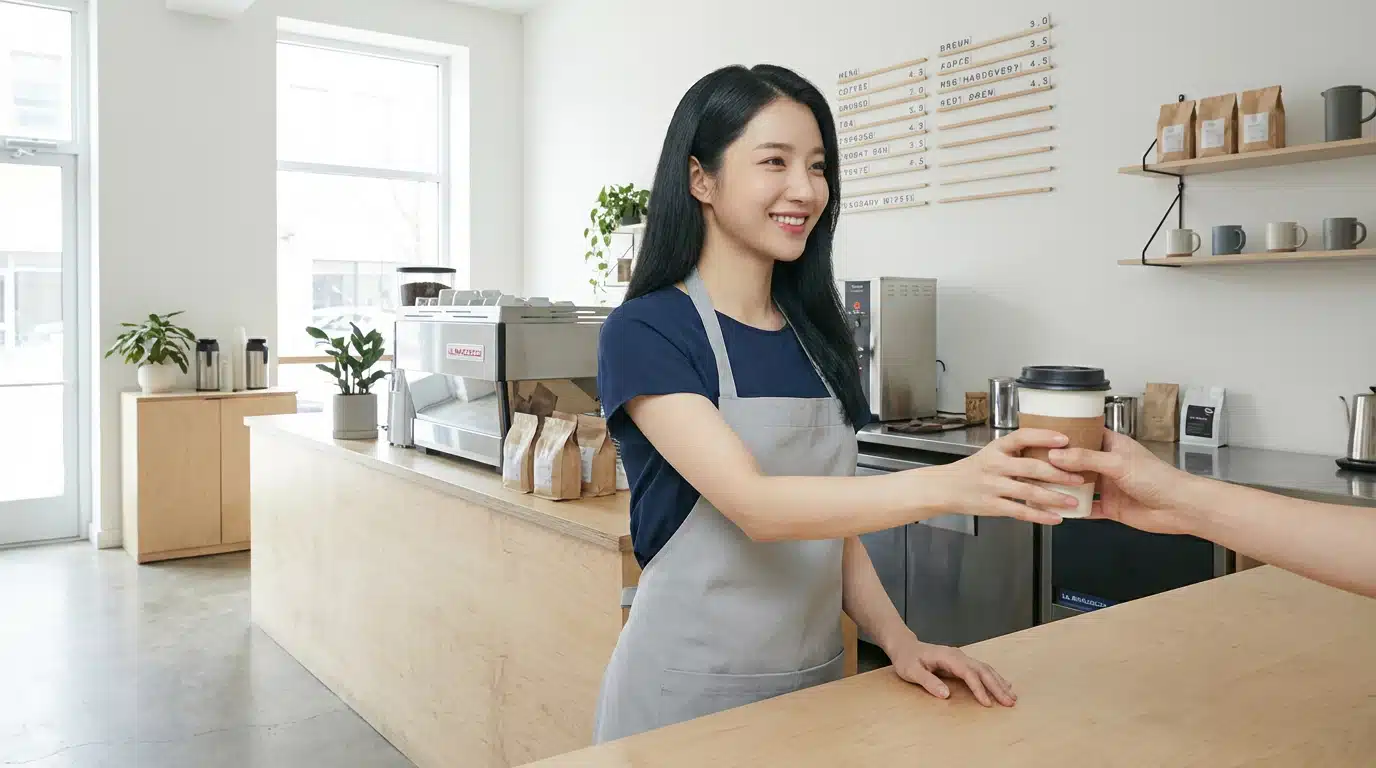 บาริสต้าสาวส่งแก้วกาแฟให้ลูกค้าด้วยรอยยิ้มในร้านคาเฟ่ สื่อถึงผลลัพธ์การใช้ LBS SMS เจาะจงพื้นที่เพื่อดึงลูกค้าเข้าร้านค้า