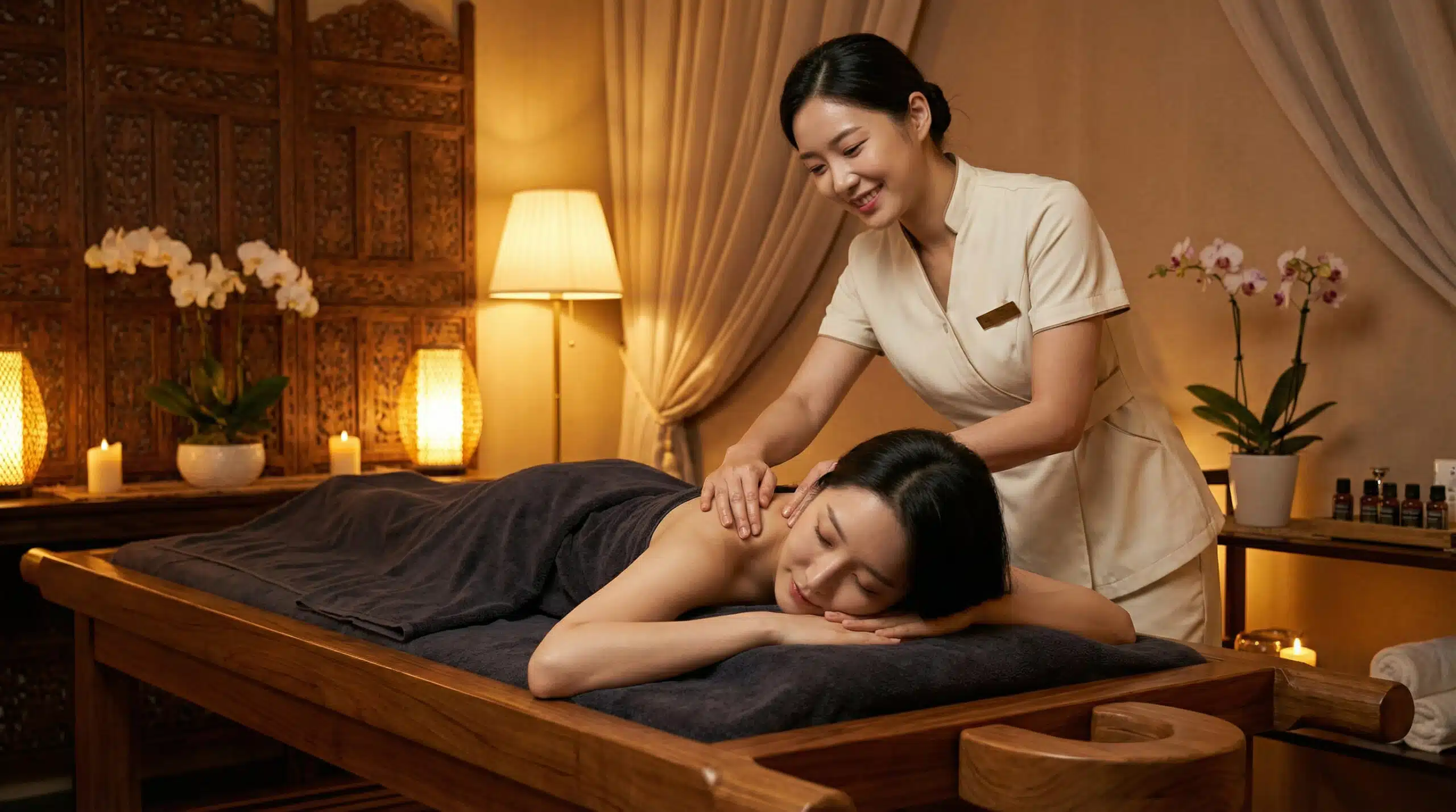 พนักงานนวดกำลังให้บริการลูกค้าสาวสวยในห้องสปาบรรยากาศผ่อนคลาย สื่อถึงบริการที่ใส่ใจผ่านระบบ SMS Marketing สำหรับธุรกิจคลินิกความงามและสปา