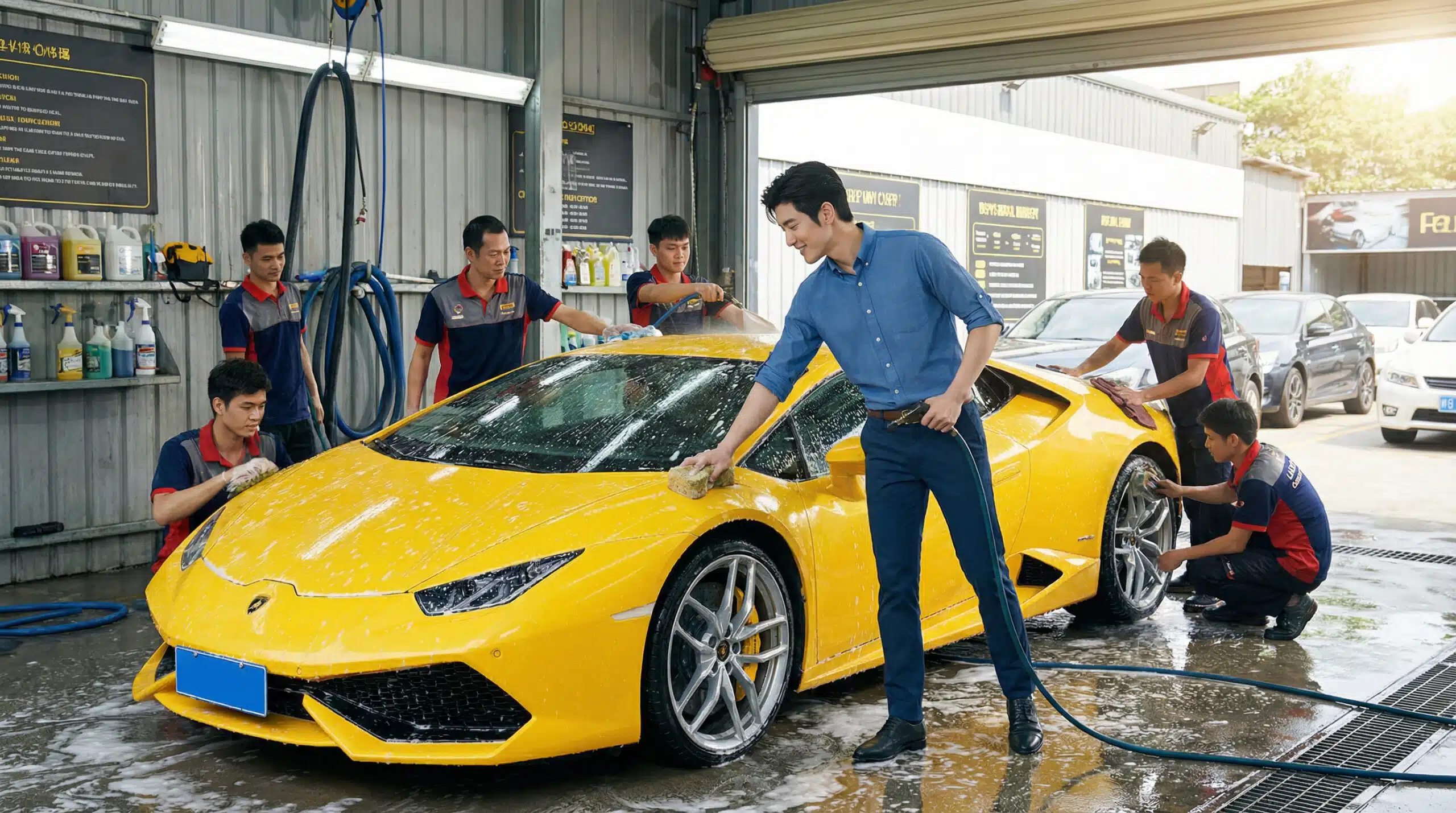 เจ้าของร้านคาร์แคร์ยืนยิ้มดูแลทีมงานล้างรถสปอร์ตสีเหลืองอย่างใส่ใจ สื่อถึงบริการระดับพรีเมียมด้วยระบบเอสเอ็มเอสมาร์เก็ตติ้งสำหรับธุรกิจคาร์แคร์