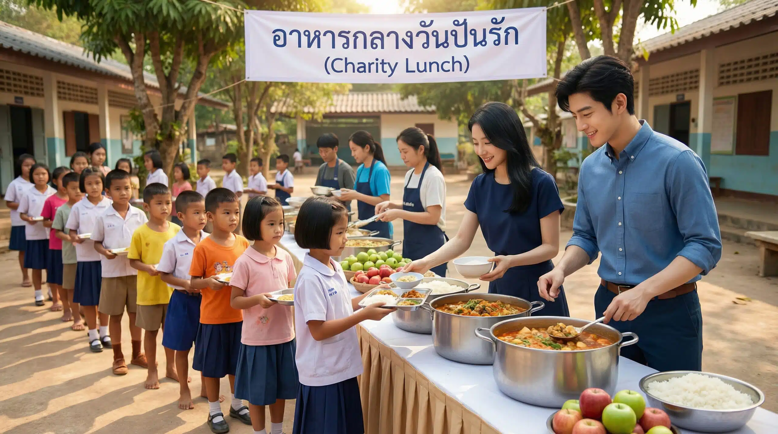 อาสาสมัครชายหญิงกำลังตักอาหารแจกเด็กนักเรียนใต้ป้ายโครงการปันรัก สื่อถึงพลังการให้จากระบบ SMS Marketing สำหรับองค์กรการกุศล