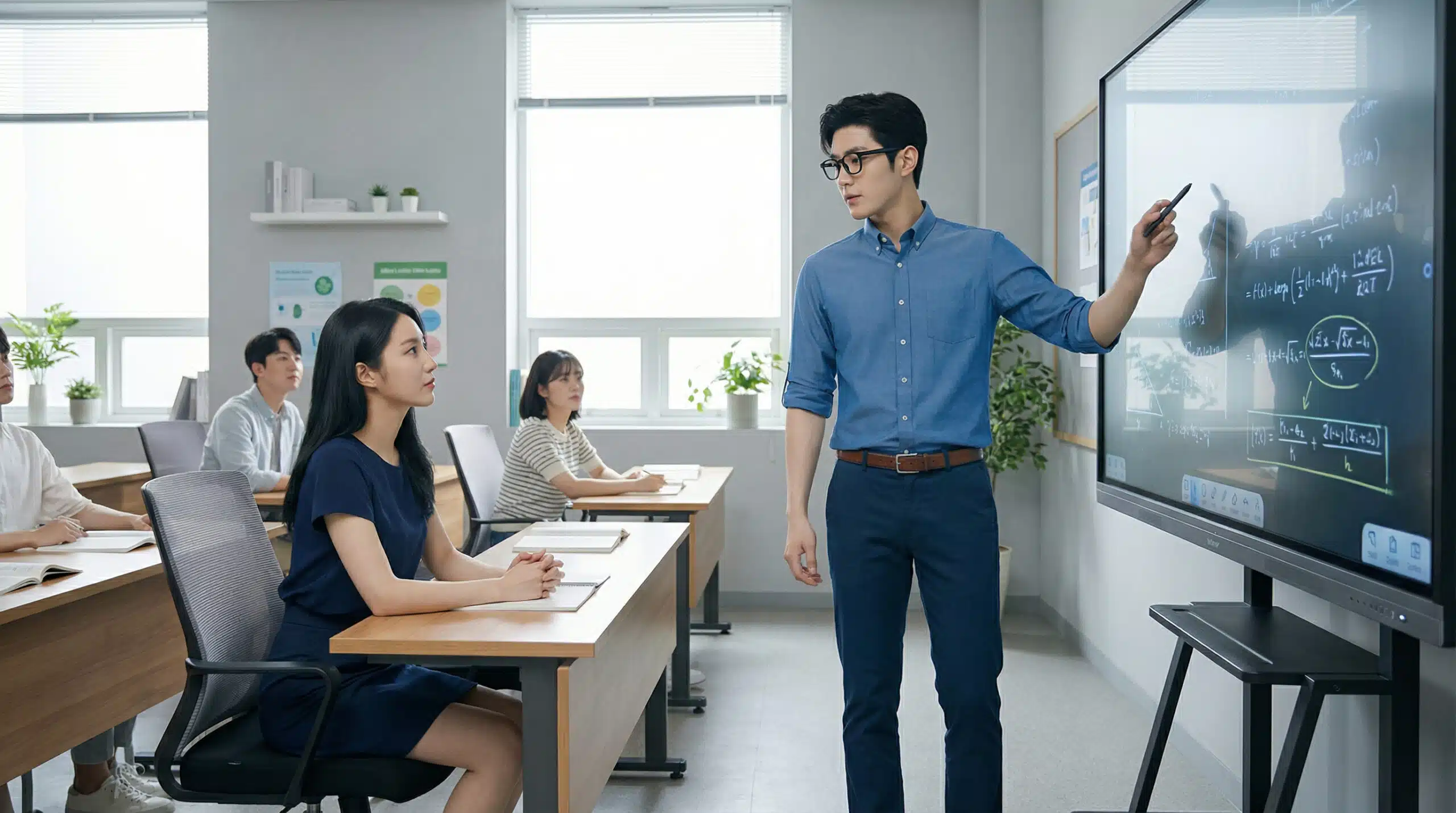 ครูผู้ชายกำลังสอนหน้ากระดานอัจฉริยะในห้องเรียนที่มีนักเรียนตั้งใจเรียน สื่อถึงการบริหารจัดการ SMS Marketing สำหรับธุรกิจการศึกษา อย่างมีประสิทธิภาพ