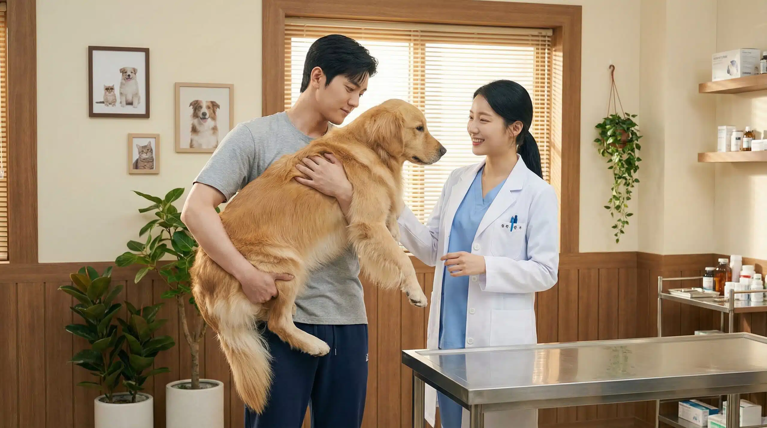 สัตวแพทย์หญิงยิ้มแย้มขณะตรวจสุขภาพสุนัขโกลเด้นรีทริฟเวอร์ที่เจ้าของอุ้มอยู่ สะท้อนความใส่ใจของธุรกิจคลินิกที่ใช้ระบบ SMS มาร์เก็ตติ้งสำหรับเฮดแคร์