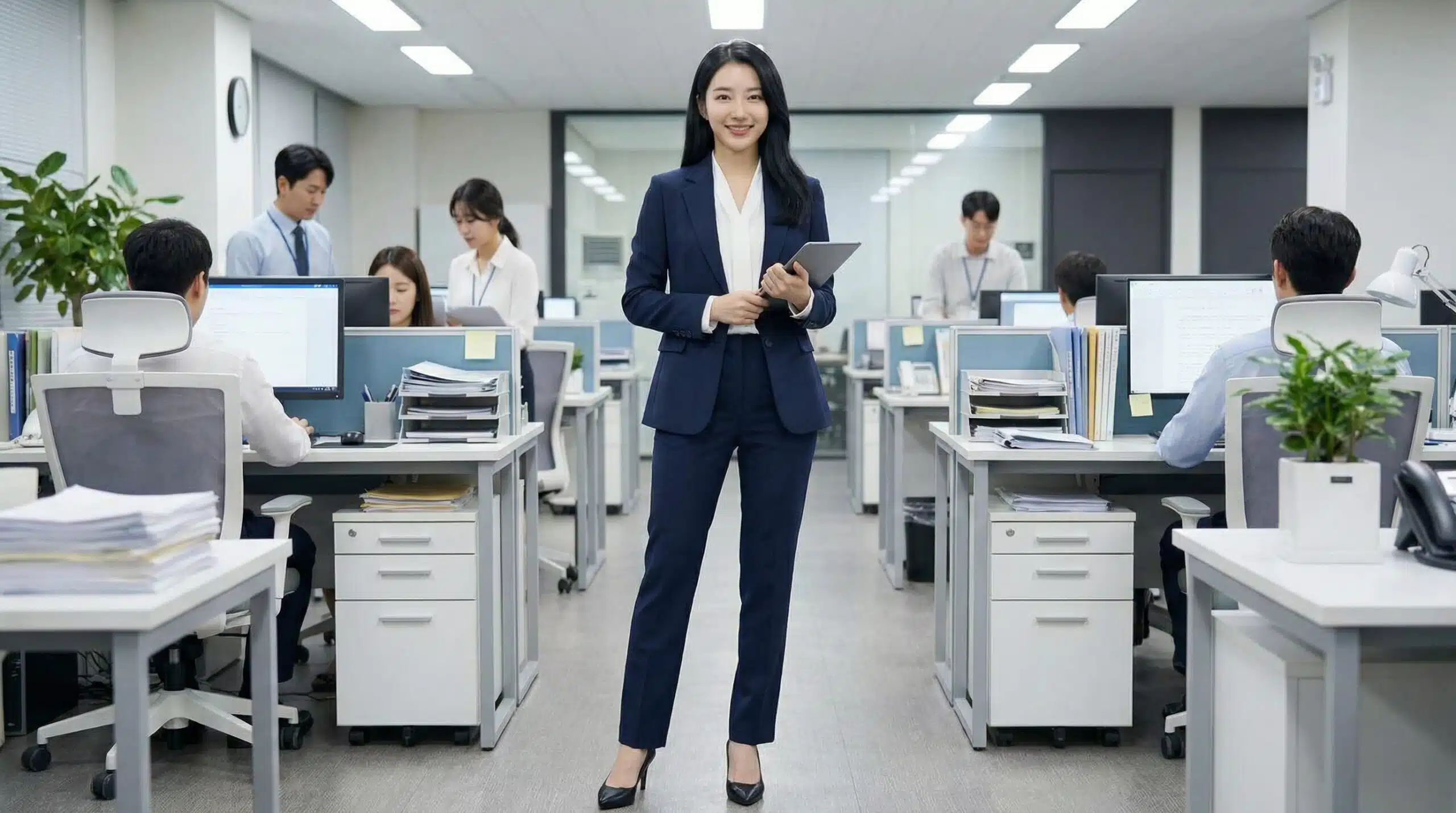 เจ้าหน้าที่ HR หญิงยืนยิ้มมั่นใจถือแท็บเล็ตในออฟฟิศที่มีพนักงานทำงานอยู่ด้านหลัง สื่อถึงการใช้ระบบ SMS Marketing สำหรับ HR ในองค์กร