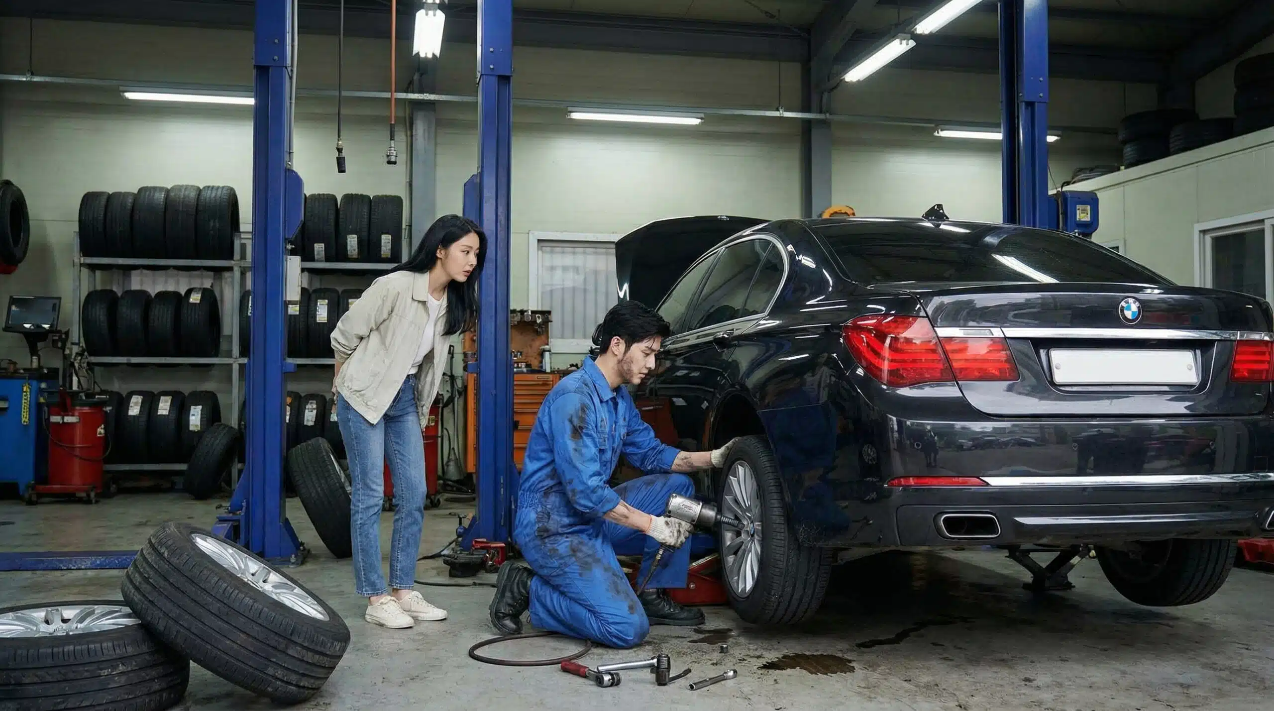 ช่างซ่อมรถกำลังเปลี่ยนยางรถยนต์โดยมีลูกค้ายืนดูอย่างใกล้ชิด สะท้อนงานบริการที่ฉับไวด้วย SMS มาร์เก็ตติ้ง สำหรับธุรกิจด้านการซ่อมบำรุง