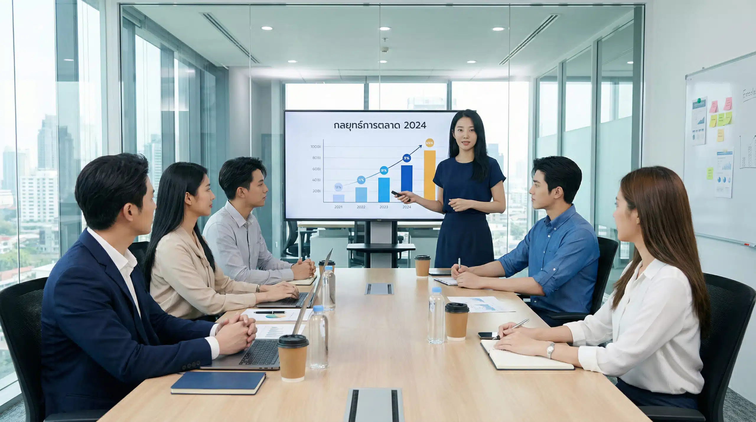 หญิงสาวนำเสนอกราฟกลยุทธ์ SMS Marketing สำหรับ Marketing Agency บนหน้าจอให้ทีมงานฟังอย่างตั้งใจในห้องประชุมที่ทันสมัย