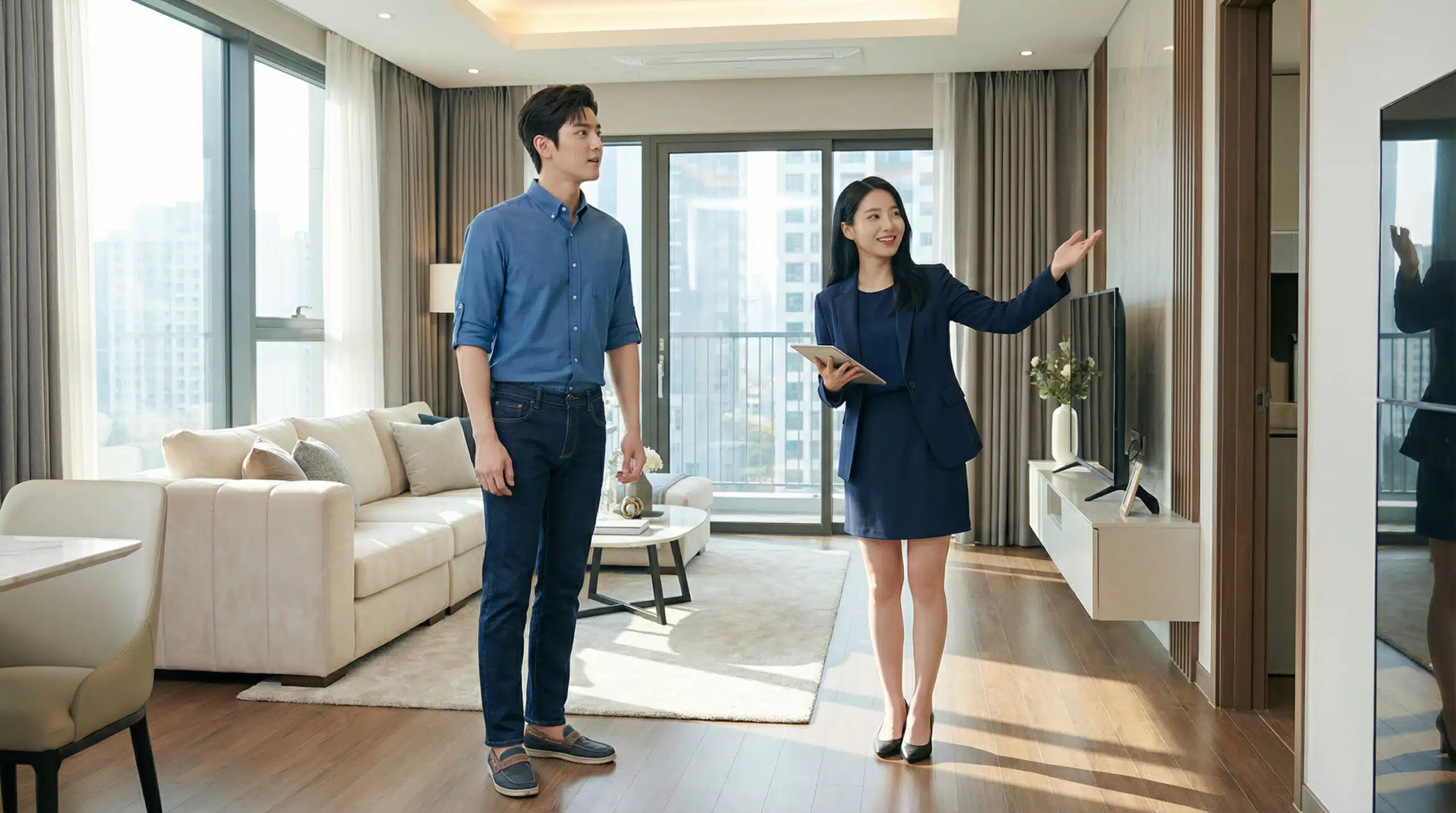ตัวแทนขายหญิงแนะนำคอนโดหรูให้ลูกค้าชายอย่างมืออาชีพ สื่อถึงประสิทธิภาพของระบบ SMS มาร์เก็ตติ้ง สำหรับตัวแทนขาย ในการนัดหมายลูกค้า