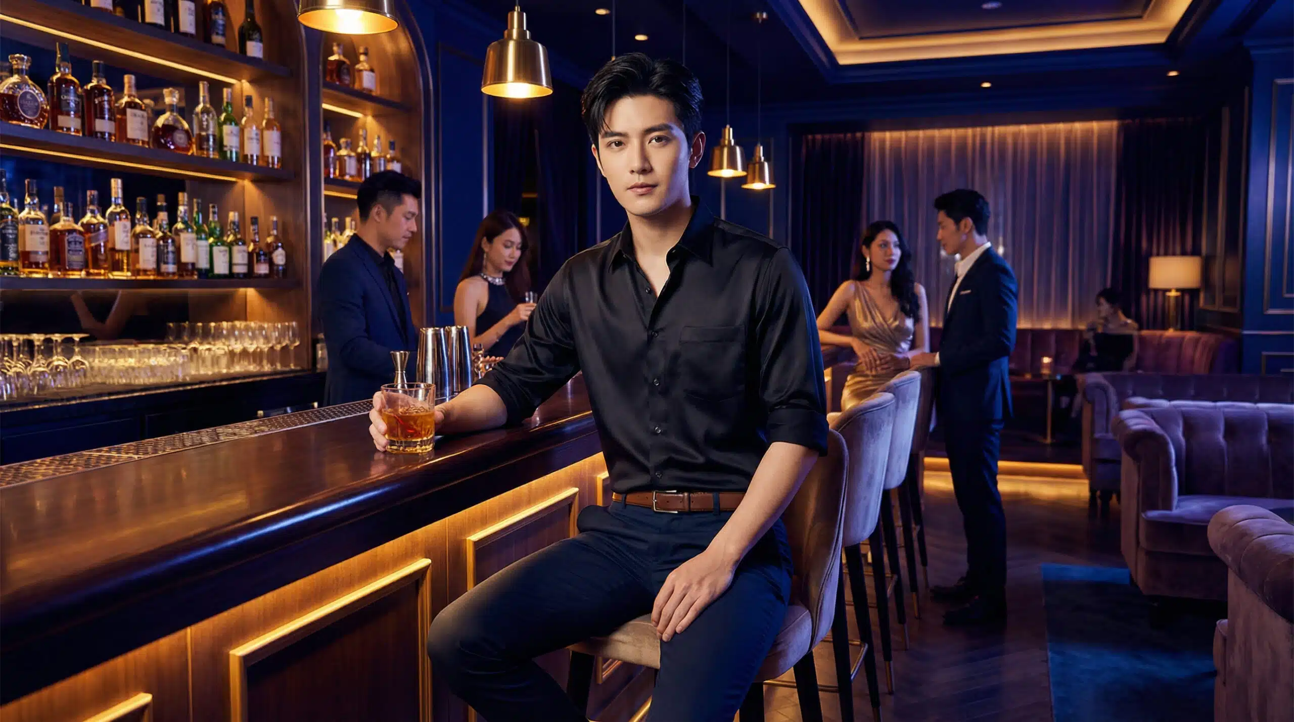 ชายหนุ่มมาดเท่นั่งดื่มเครื่องดื่มหน้าเคาน์เตอร์บาร์ในคลับหรู สะท้อนภาพลักษณ์ลูกค้า VIP ที่เข้าถึงได้ด้วย SMS Marketing สำหรับธุรกิจไนท์คลับ