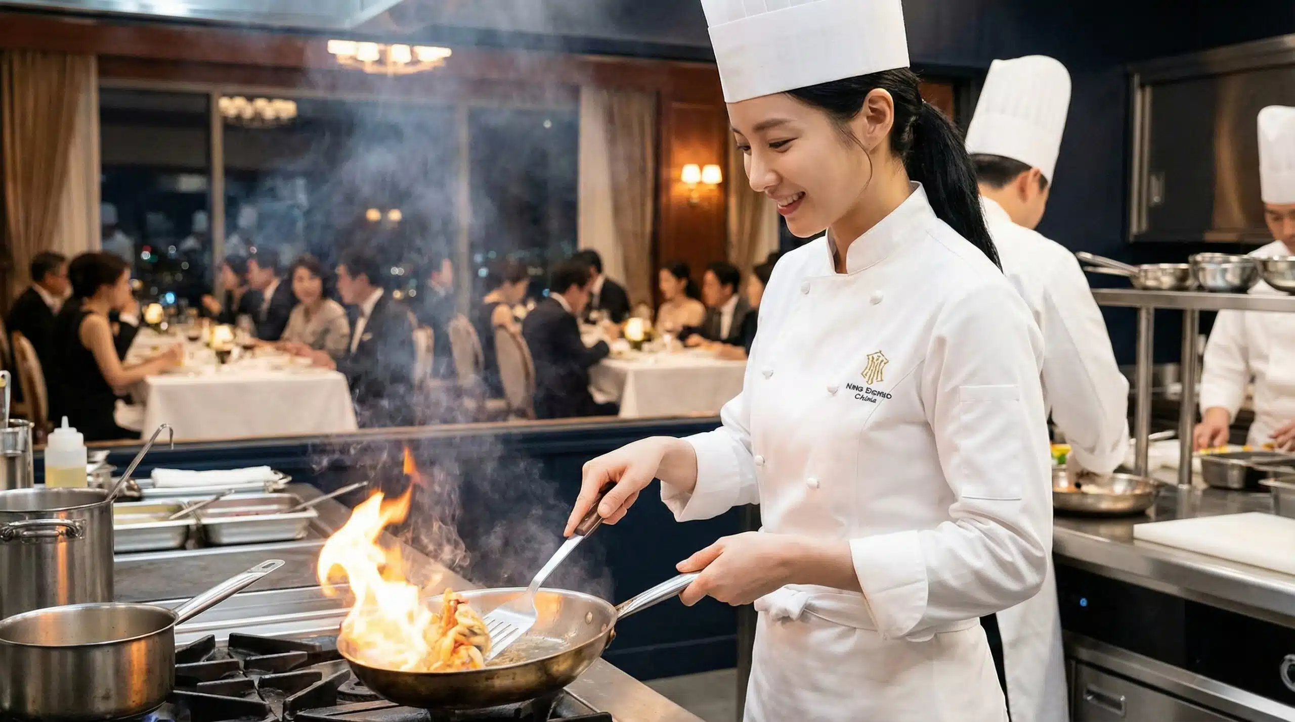 เชฟหญิงกำลังปรุงอาหารในครัวภัตตาคารหรูที่มีลูกค้าแน่นร้าน สื่อถึงความสำเร็จของการทำ SMS Marketing สำหรับธุรกิจร้านอาหารและคาเฟ่