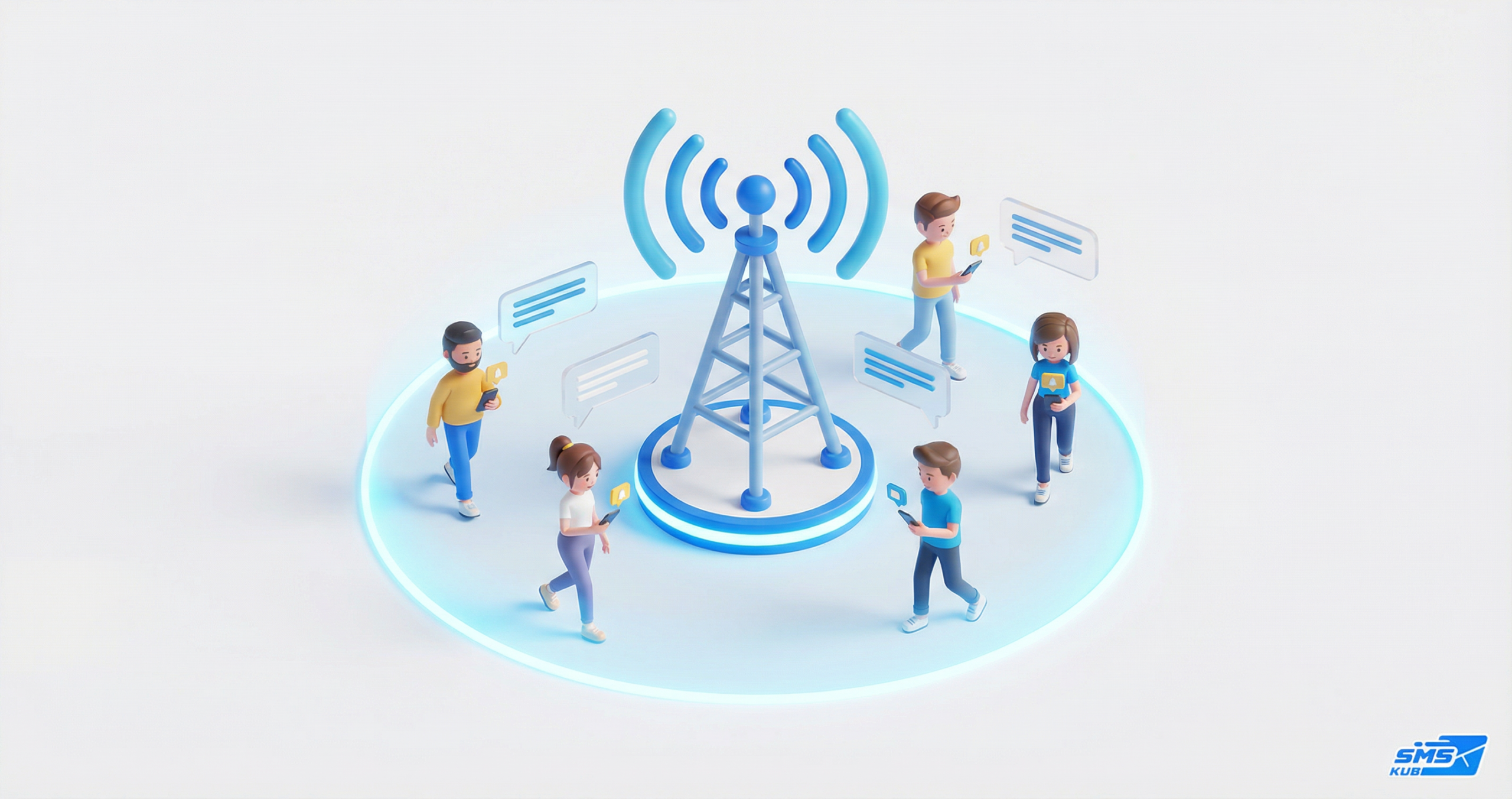 กราฟิก 3D แสดงผู้คนใช้งานสมาร์ทโฟนเชื่อมต่อสัญญาณ LBS รอบเสาส่งสัญญาณในวงรัศมีสีฟ้า