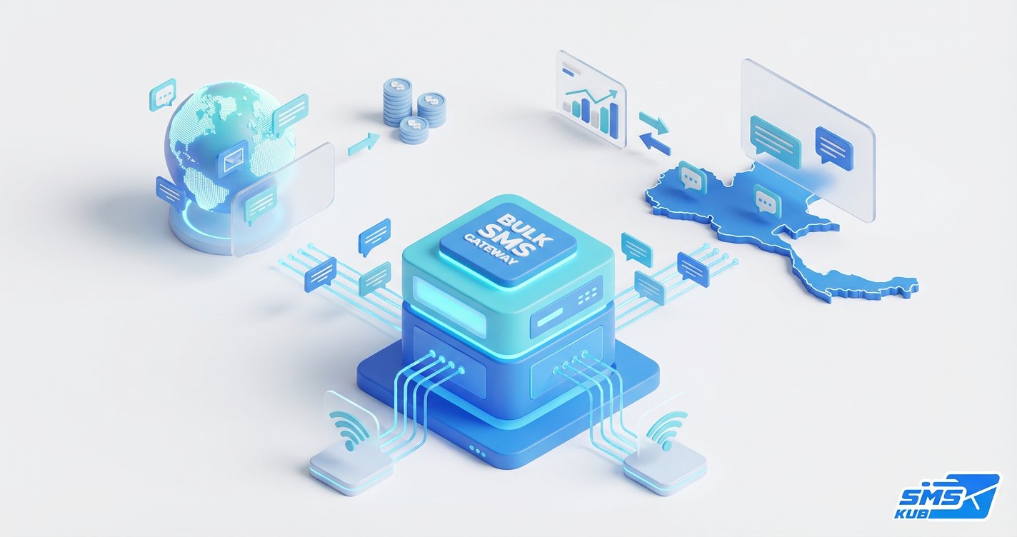 ตัวละคร 3D ถือแว่นขยายเปรียบเทียบ Bulk Gateway ไทยและต่างประเทศ บนพื้นหลังสะอาดตาโทนสีฟ้าขาวของ SMSKUB