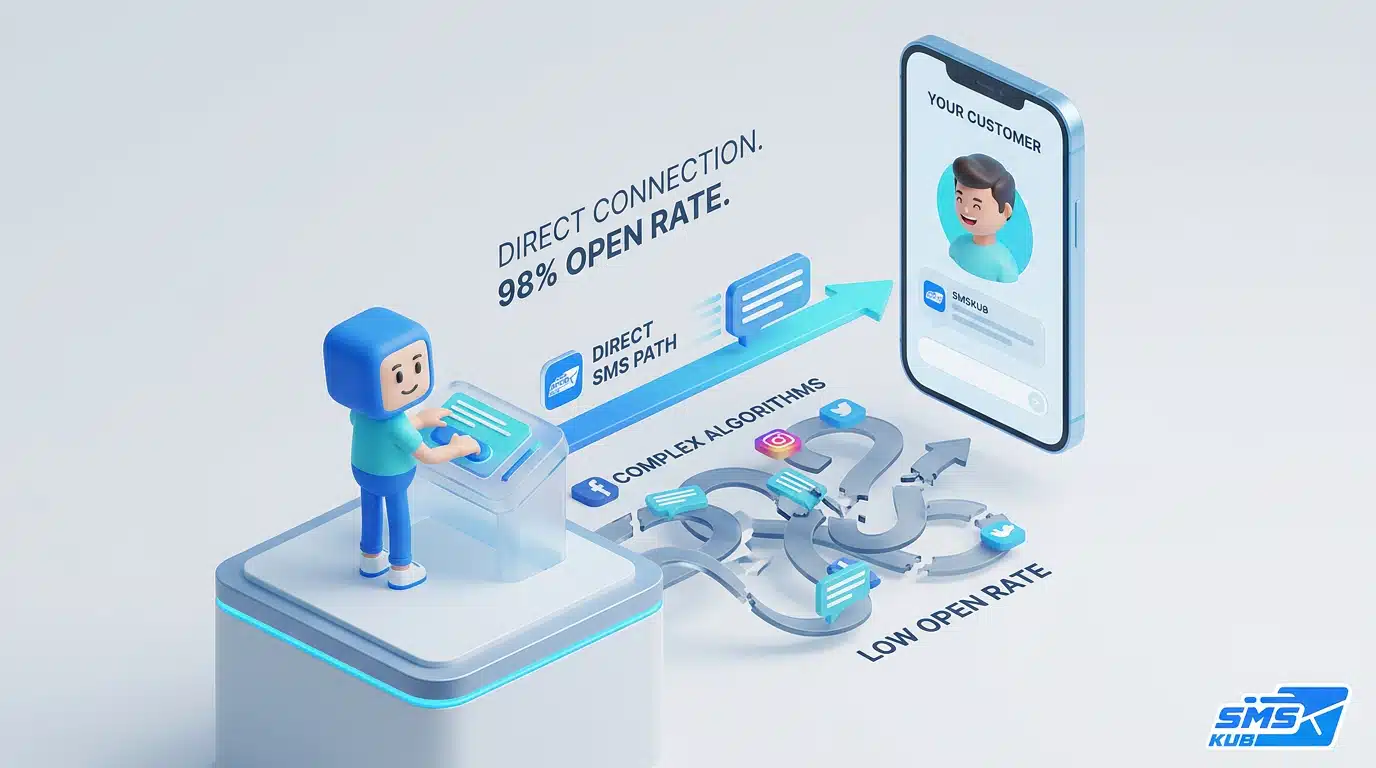 กราฟิกเปรียบเทียบทางลัด ส่ง SMS โฆษณา ที่มี Open Rate 98% กับความซับซ้อนของอัลกอริทึมโซเชียลมีเดีย