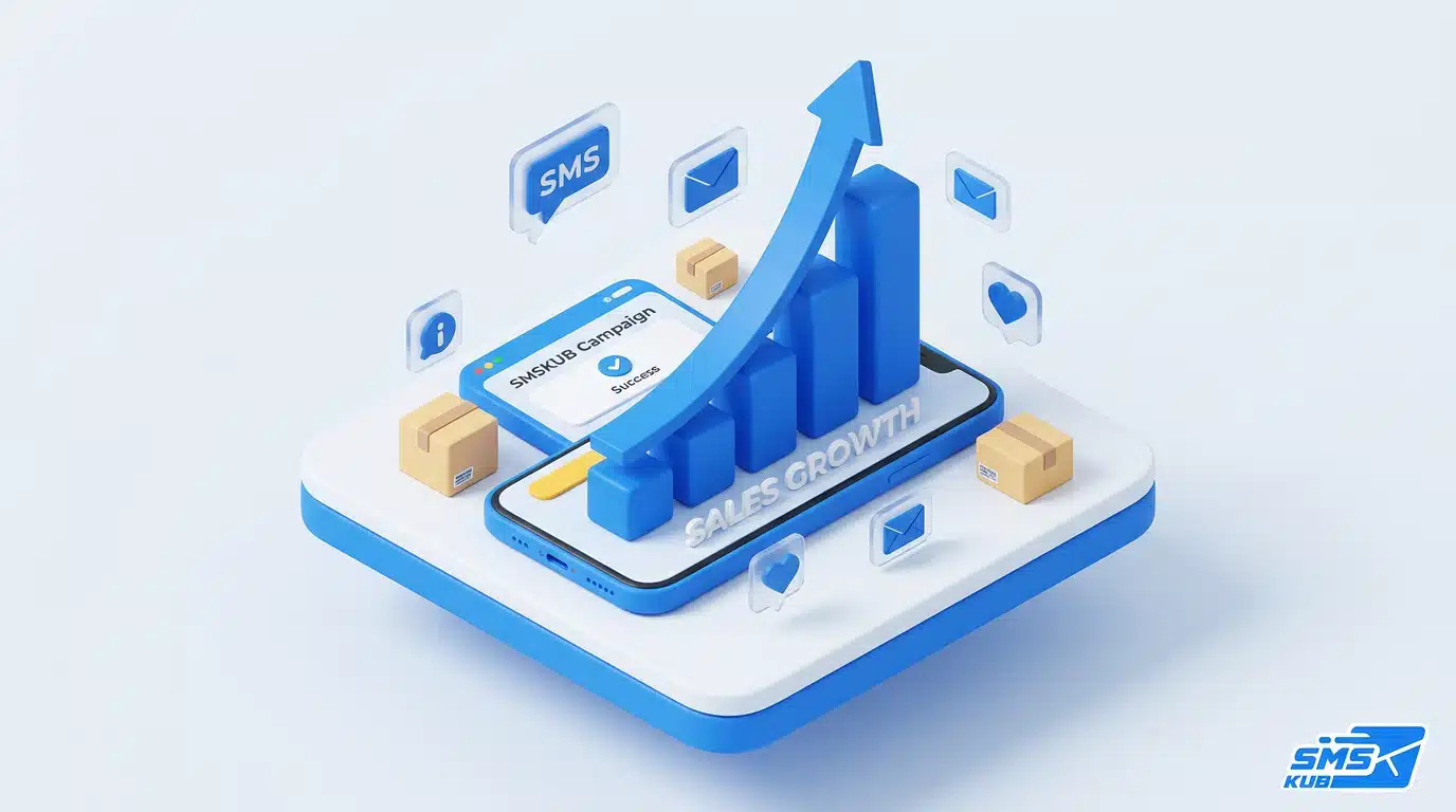 กราฟแท่งสีฟ้าพุ่งสูงบนหน้าจอสมาร์ทโฟน แสดงการเพิ่มยอดขาย E-commerce ด้วย SMS และข้อความ SMSKUB Campaign Success