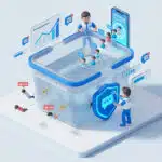 กราฟิก 3D แสดงการรักษาลูกค้าเก่าในถัง Customer Base พร้อมพนักงานซ่อมรอยรั่วเพื่อป้องกันลูกค้าไหลออก