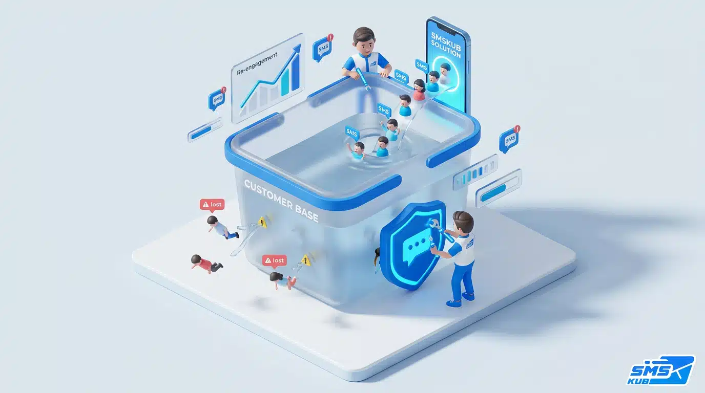 กราฟิก 3D แสดงการรักษาลูกค้าเก่าในถัง Customer Base พร้อมพนักงานซ่อมรอยรั่วเพื่อป้องกันลูกค้าไหลออก