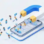 ภาพแนวคิด Lead คือ การดึงดูดลูกค้าเป้าหมายด้วยแม่เหล็ก 3D เหนือหน้าจอมือถือที่มีตัวละครและข้อความ SMS