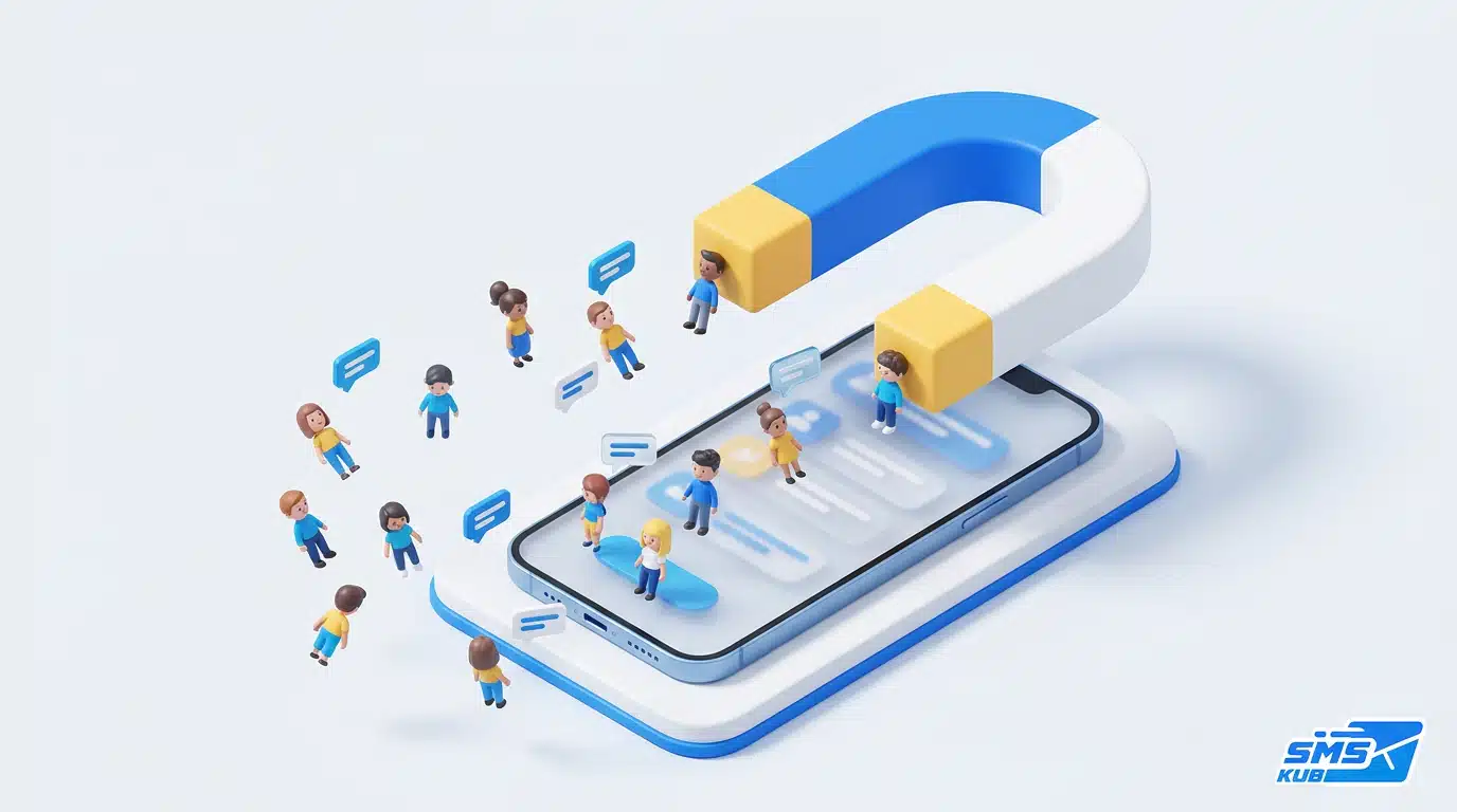 ภาพแนวคิด Lead คือ การดึงดูดลูกค้าเป้าหมายด้วยแม่เหล็ก 3D เหนือหน้าจอมือถือที่มีตัวละครและข้อความ SMS