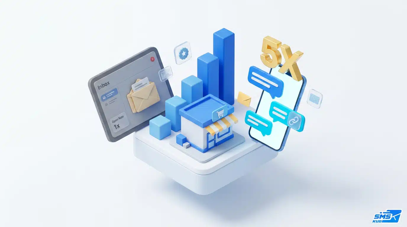 ภาพกราฟ 3D เปรียบเทียบประสิทธิภาพ Email Marketing กับ SMS ที่แสดงอัตราการเปิดอ่านและเข้าถึงลูกค้าสูงกว่าถึง 5 เท่า