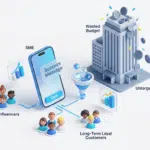 กราฟิก 3D แสดงกลยุทธ์ทำธุรกิจงบน้อยแต่ยอดปังด้วยระบบ SMS และการวิเคราะห์ข้อมูลลูกค้าผ่านสมาร์ทโฟน