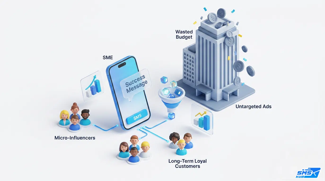 กราฟิก 3D แสดงกลยุทธ์ทำธุรกิจงบน้อยแต่ยอดปังด้วยระบบ SMS และการวิเคราะห์ข้อมูลลูกค้าผ่านสมาร์ทโฟน