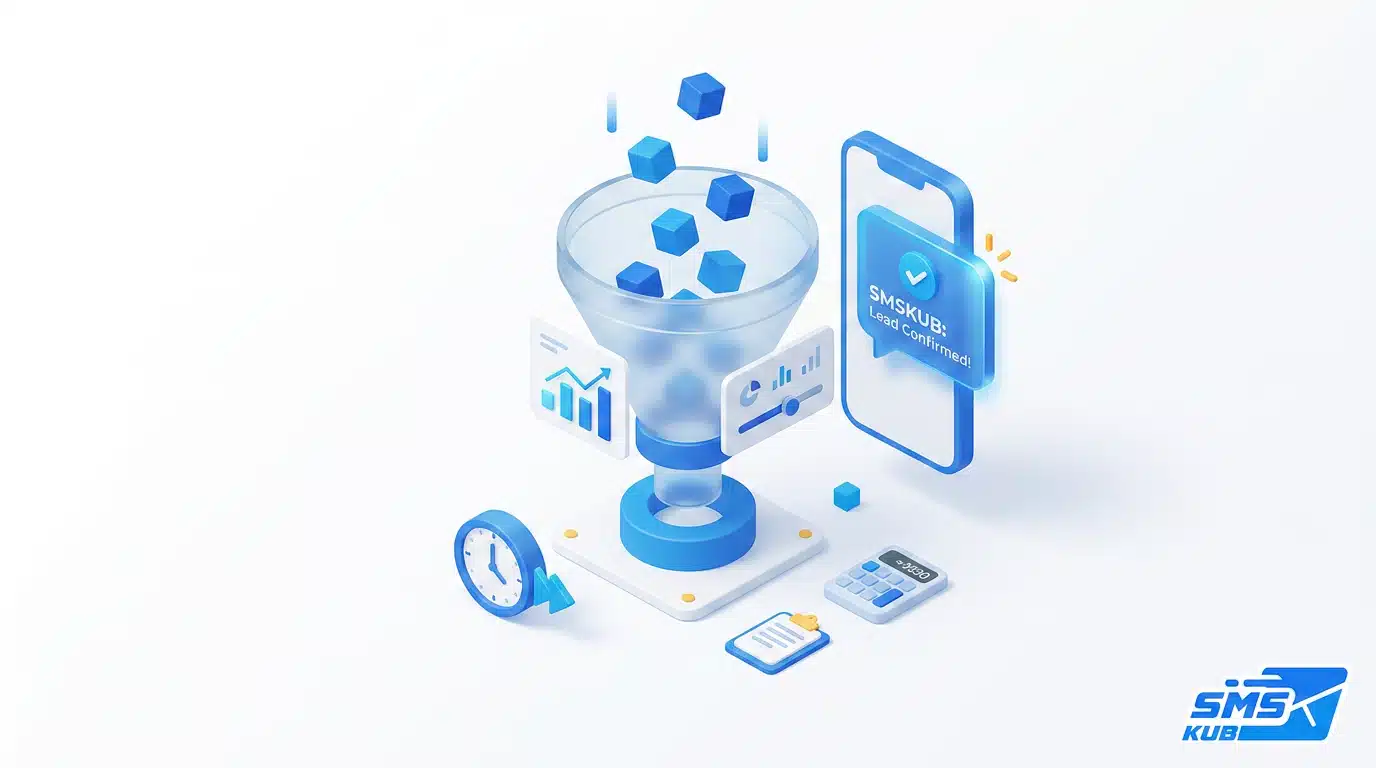 กราฟิก 3D จำลองระบบ Lead Generation ผ่านกรวยกรองข้อมูลและสมาร์ทโฟน แสดงสถานะ Lead Confirmed บนพื้นหลังสีขาว