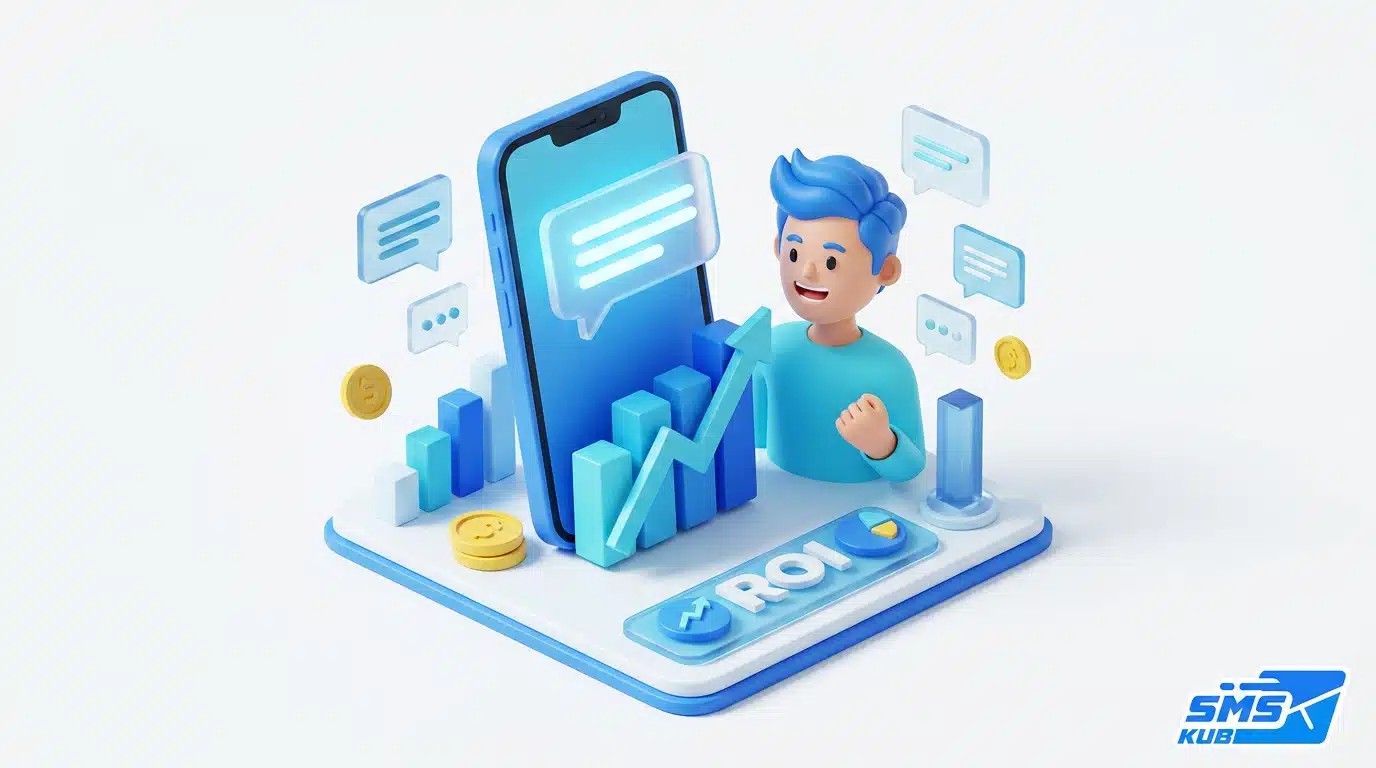 กราฟแท่งแนวโน้มเติบโตเคียงข้างสมาร์ทโฟนและป้าย ROI สื่อถึงความสำเร็จของแคมเปญ SMS Marketing
