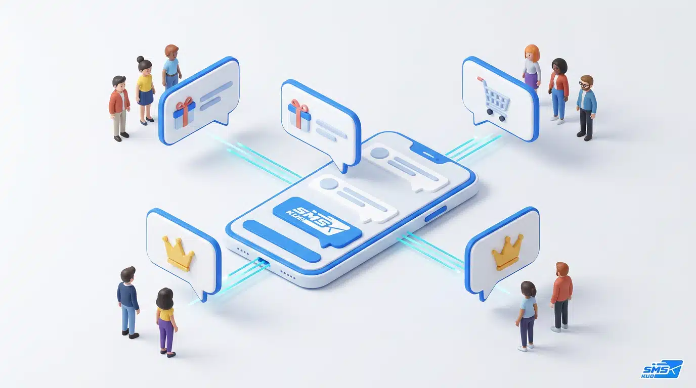 กราฟิก 3 มิติแนวคิด SMS Personalization แสดงสมาร์ทโฟนส่งข้อความหาลูกค้ารายบุคคลแยกตามไอคอนของขวัญและรถเข็นช้อปปิ้ง