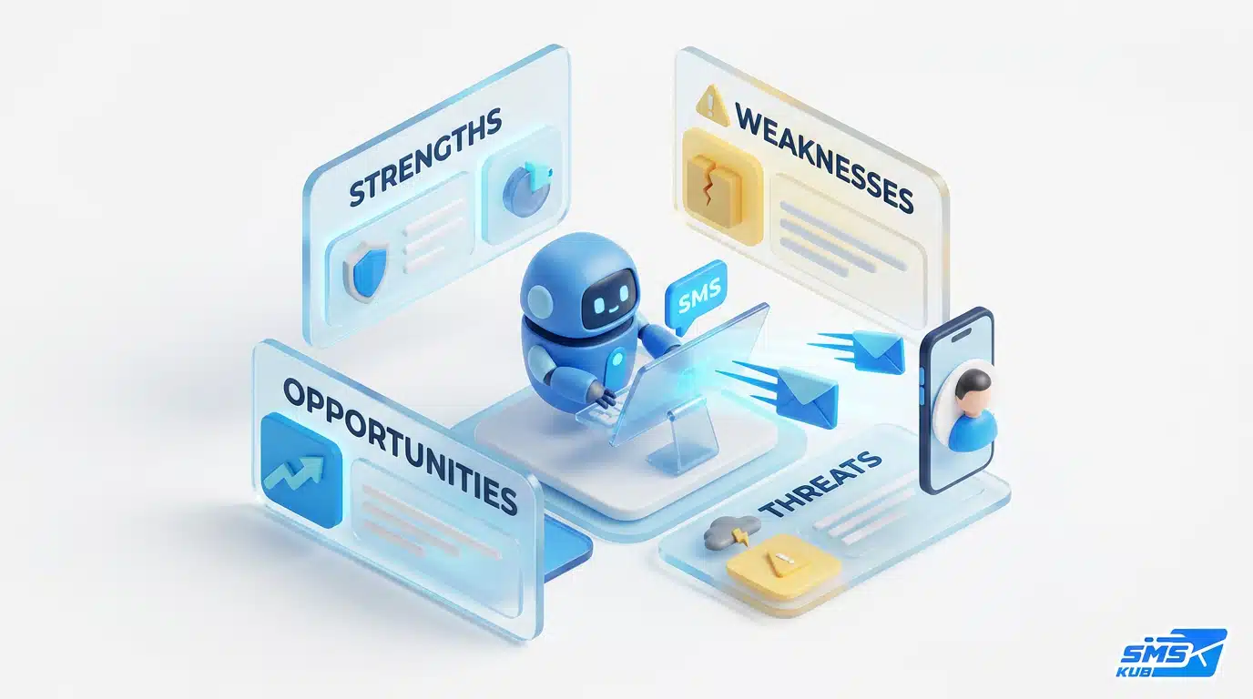 กราฟิก 3D หุ่นยนต์ AI กำลังทำ SWOT Analysis ส่งซองจดหมาย SMS ไปยังสมาร์ตโฟน