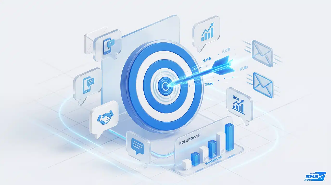 กราฟิกเป้าปาลูกดอกสีฟ้าแสดงการส่ง Key Message ผ่าน Direct Marketing SMS และอีเมลเพื่อเพิ่ม ROI Growth
