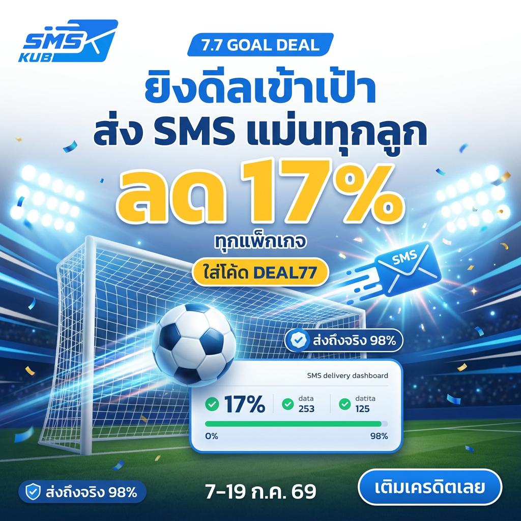 โปรโมชั่นบริการส่ง SMS จาก SMS KUB ดีล 7.7 กราฟิกรูปลูกฟุตบอลยิงเข้าประตูในสนามกีฬา ลดราคาแพ็กเกจ 17%