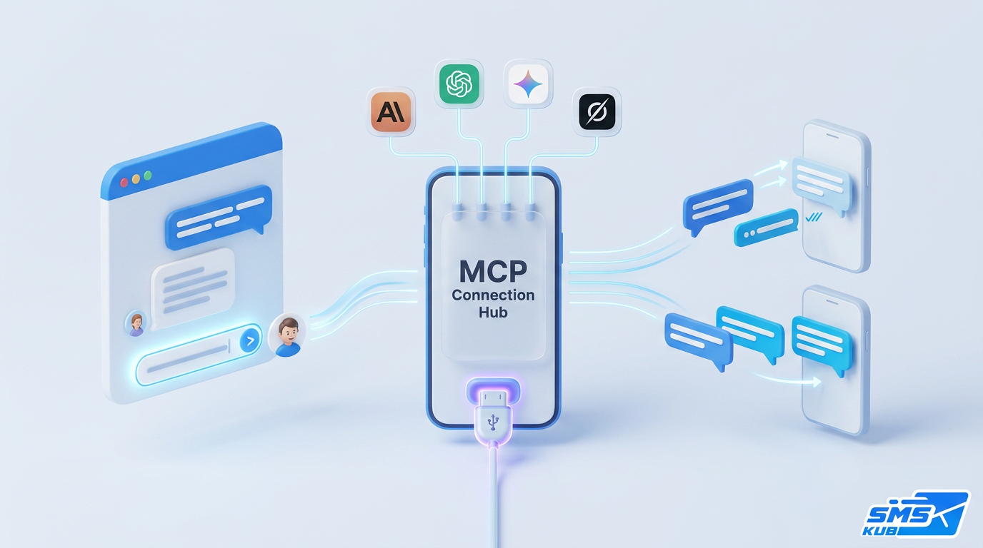 กราฟิก 3D แสดงระบบ SMS Marketing MCP เชื่อมต่อแพลตฟอร์ม AI และบราวเซอร์แชต เพื่อส่งข้อความเข้าสมาร์ทโฟน