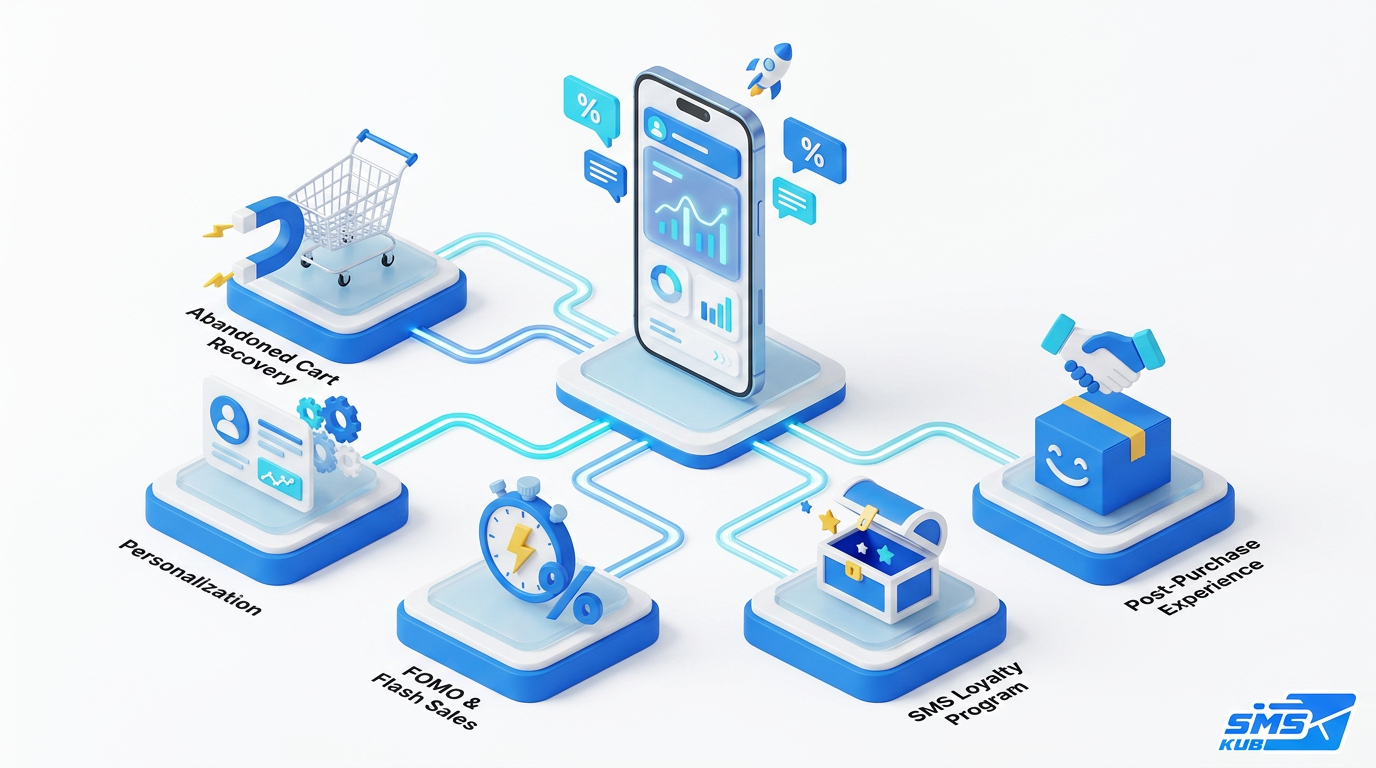 โมเดล 3D ไอโซเมตริกแสดง 5 กลยุทธ์เพิ่มยอดขาย E-commerce ด้วย SMS Services บนหน้าจอสมาร์ทโฟน