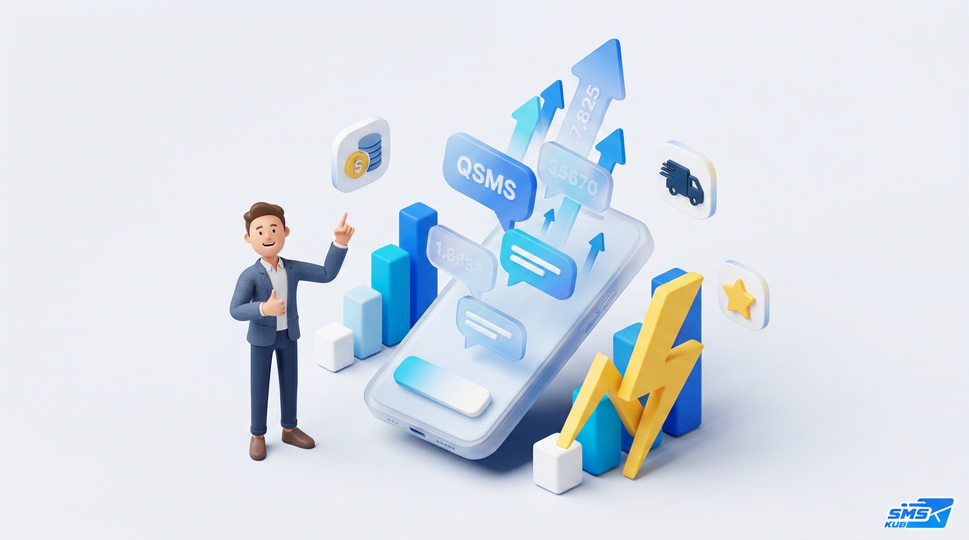 กราฟิก 3D อธิบาย QSMS คืออะไร ผ่านโมเดลสมาร์ตโฟนที่มีกราฟแท่ง ลูกศรชี้ขึ้น และไอคอนแสดงการเติบโตของธุรกิจ