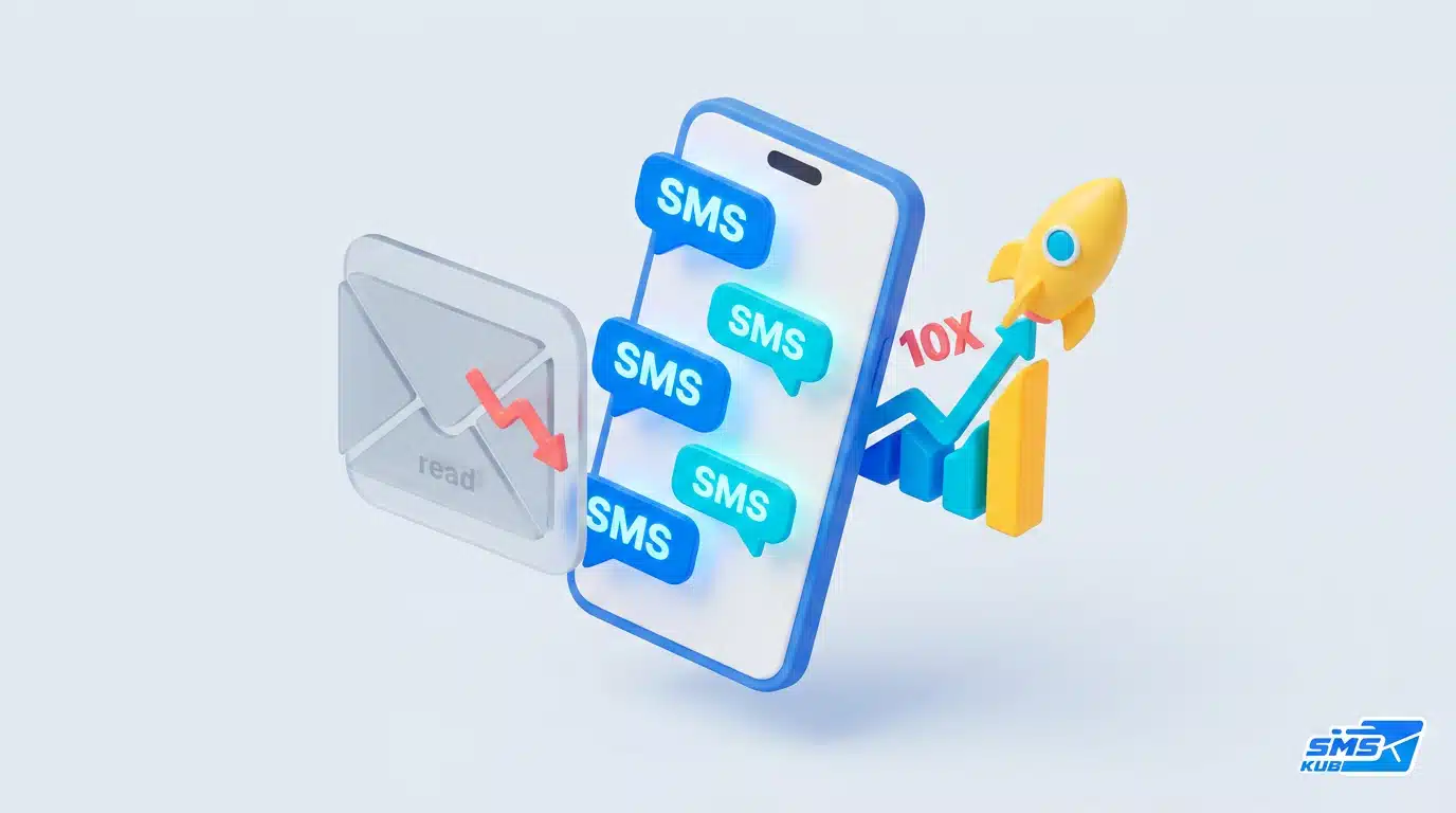 ซองจดหมาย Email Marketing แสดงกราฟขาลง เปรียบเทียบกับสมาร์ทโฟน SMS Marketing และจรวดพุ่งทะยานเติบโต 10X