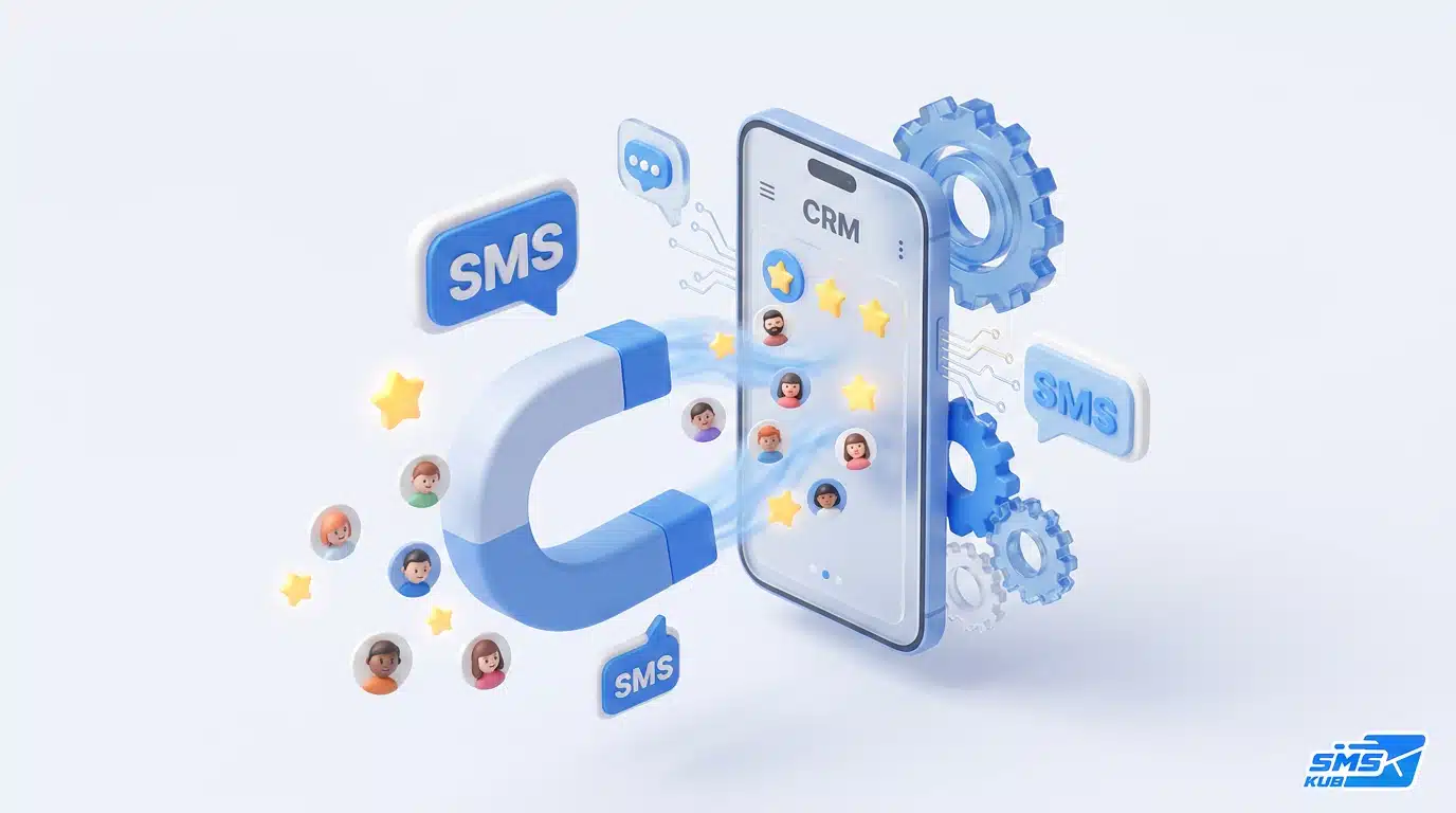 แม่เหล็กดูดไอคอนรูปคนเข้าสู่สมาร์ทโฟนที่มีข้อความ CRM และ SMS สื่อถึงขั้นตอนการทำ Lead Generation แบบอัตโนมัติ