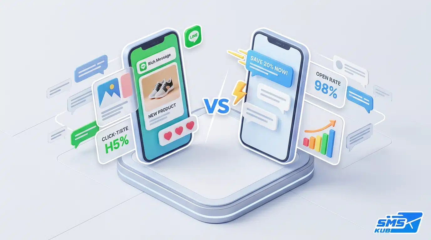 กราฟิก 3D เปรียบเทียบการทำบรอดแคสต์ LINE ด้วย Rich Message โปรโมตสินค้า กับ SMS Marketing ที่แสดงอัตรา Open Rate 98%