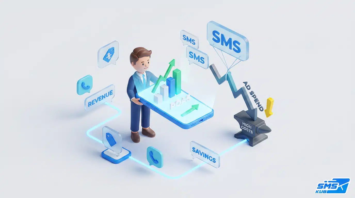กราฟิก 3D นักธุรกิจถือสมาร์ทโฟนแสดงกราฟ ROAS พุ่งขึ้น และบอลลูน SMS ช่วยดึงกราฟ AD SPEND ไม่ให้ตกใส่ทั่ง HIGH COSTS