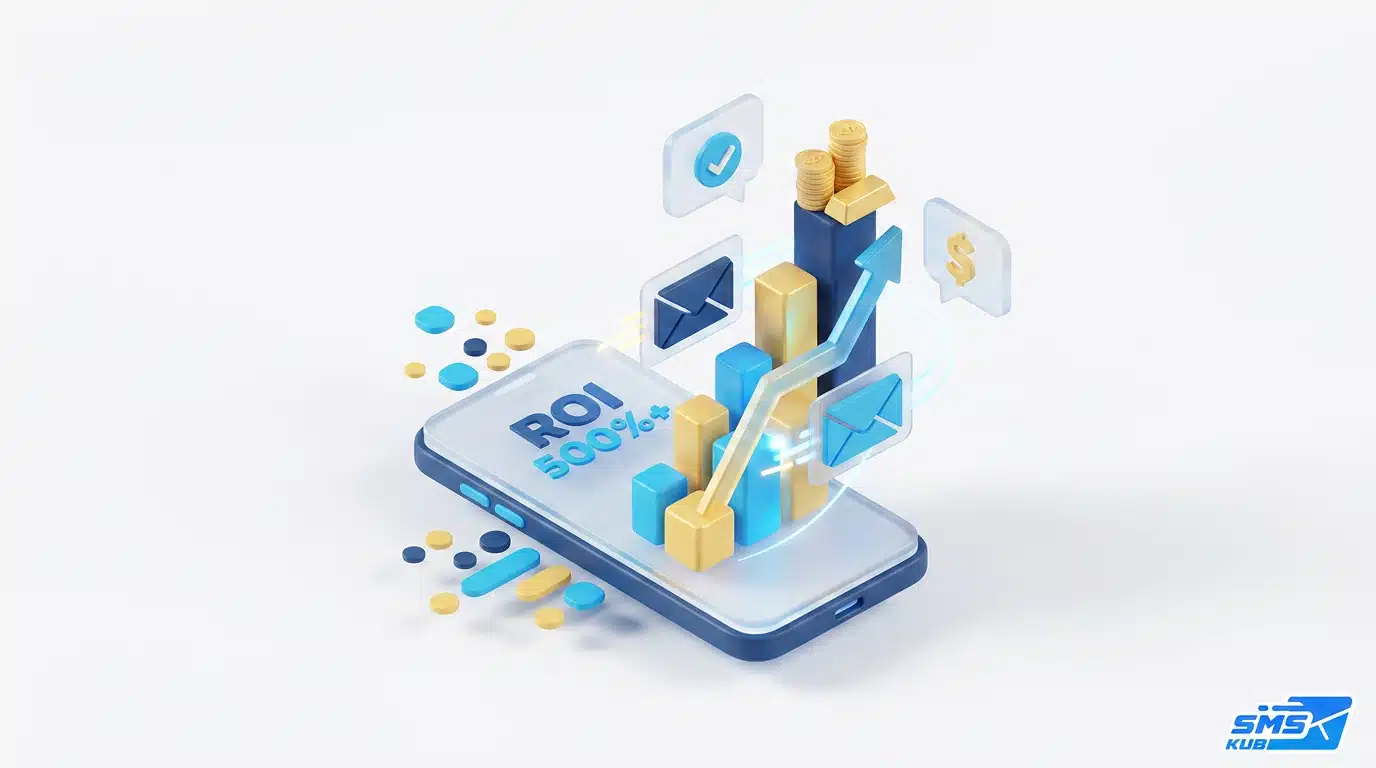 กราฟแสดงผลเติบโตพุ่งสูงและข้อความ ROI 500%+ บนสมาร์ทโฟน สะท้อนประสิทธิภาพของ SMS Marketing ในการเพิ่ม ROI